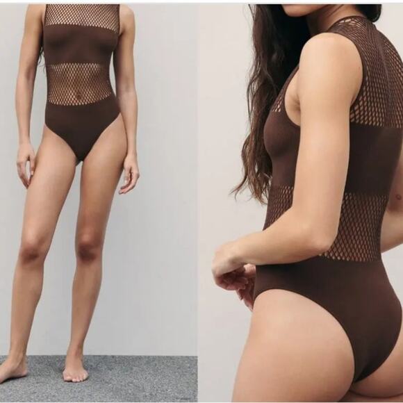 New Zara Brown Seamless Mesh Bodysuit Top Size Large - Picture 2 of 13